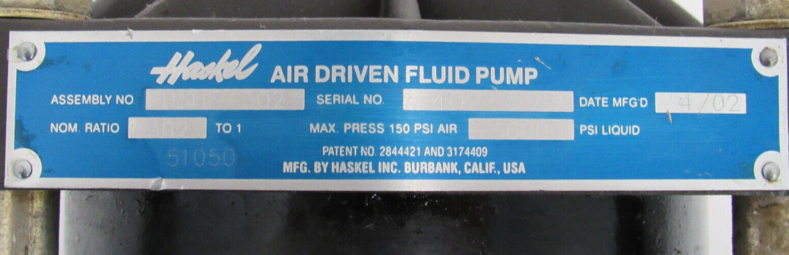 USED HASKEL DSHF-302 AIR DRIVEN FLUID PUMP 302:1 DSHF302 - Image 5