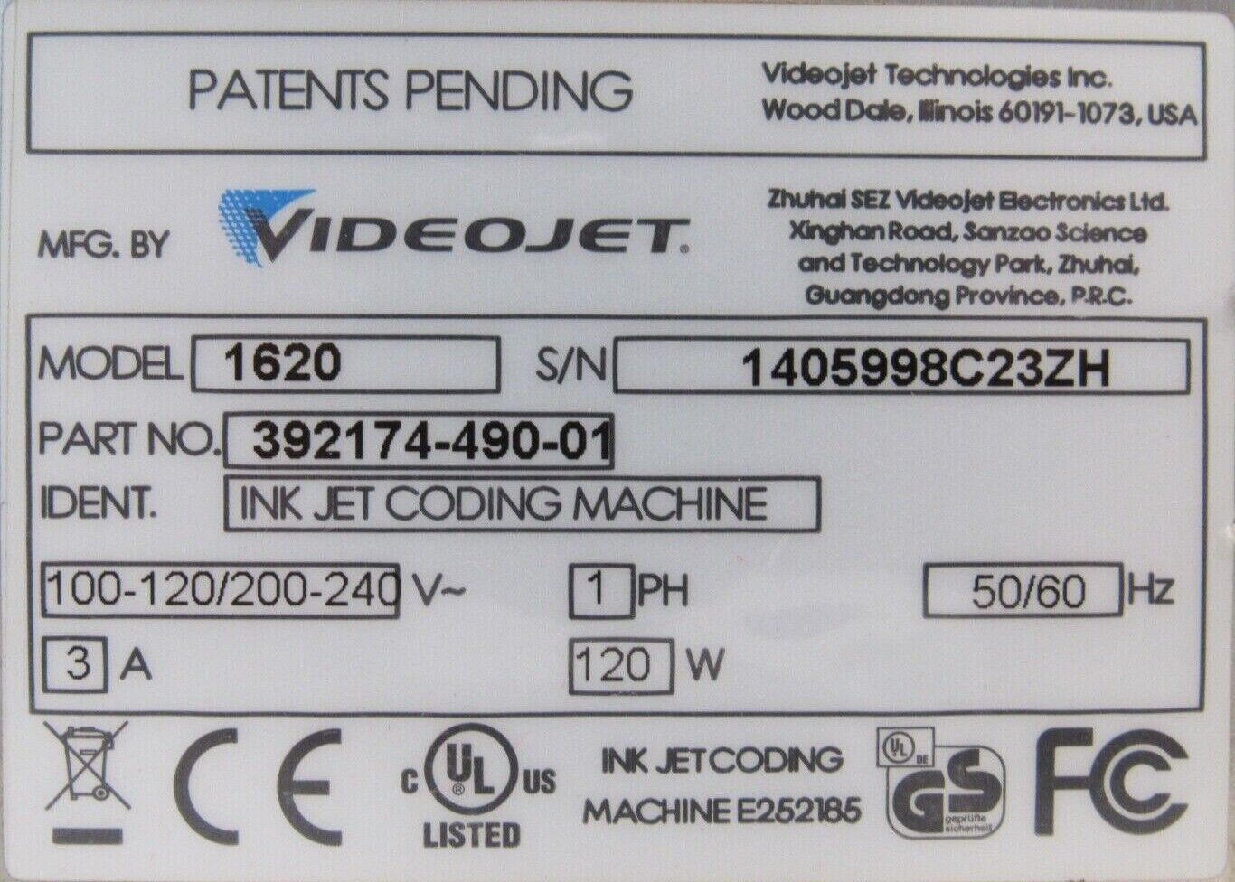 USED VIDEOJET 1620 INKJET CODING MACHINE 392174-490-01 - SB