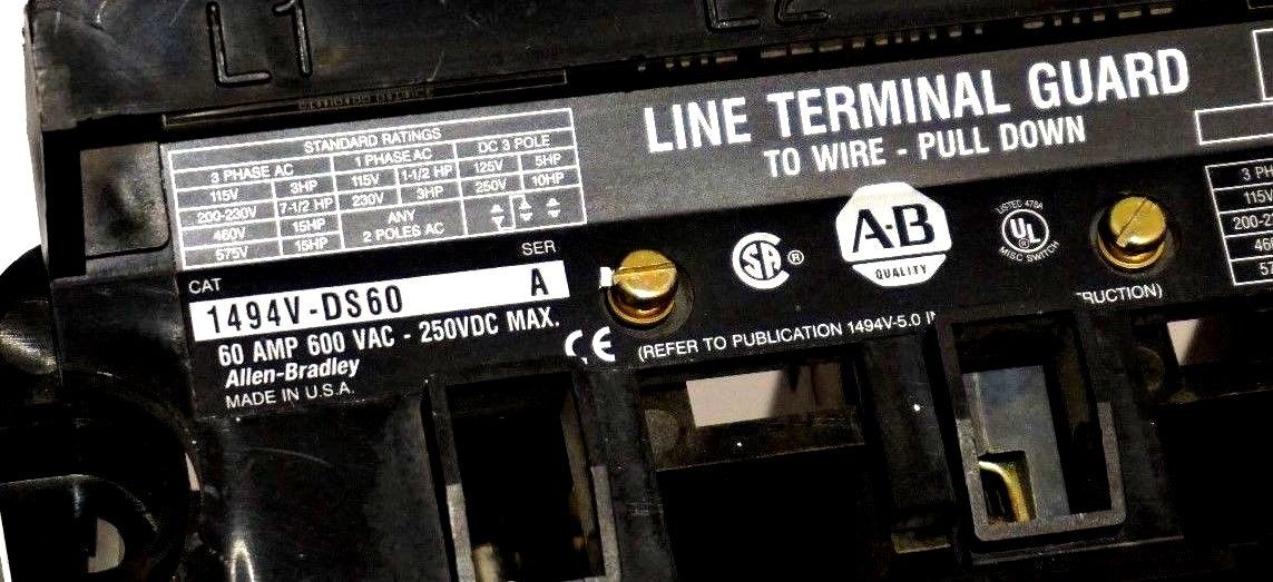 USED ALLEN BRADLEY 1494V-DS60 SER. A DISCONNECT SWITCH W/ A6D45R FUSES 1494VDS60 - Image 3