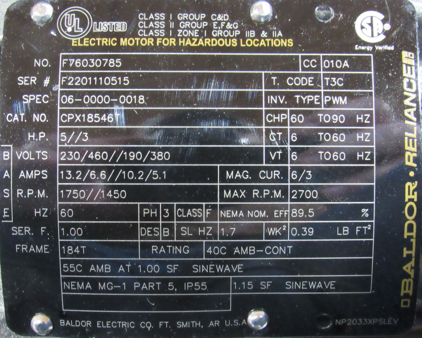 NEW BALDOR CPX18546T MOTOR 5HP 184T 1-1/8