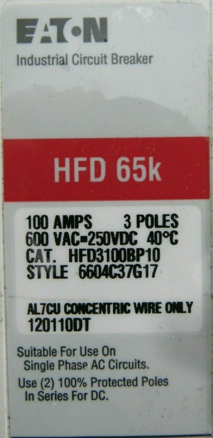 Eaton HFD3100BP10 Circuit Breaker 100 Amp 3 Pole 600 VAC HFD 65k for sale online