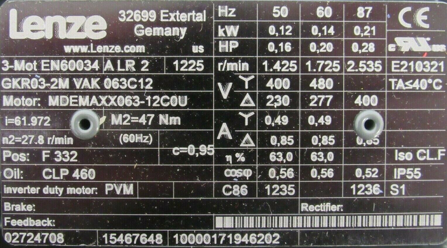 NEW LENZE GKR03-2M VAK 063C12 GEAR MOTOR GKR032MVAK063C12 - Image 4