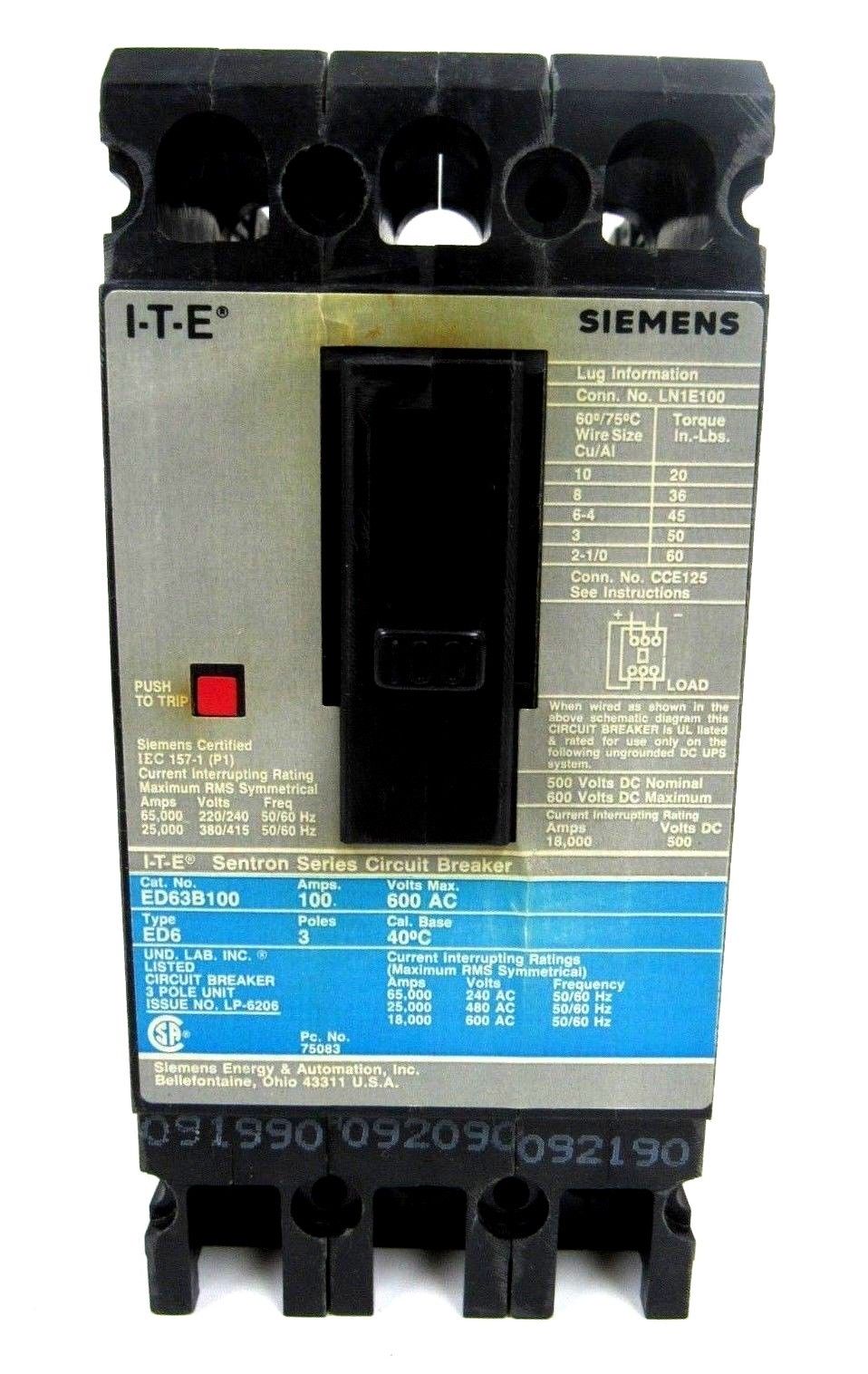 NEW SIEMENS ED63B100 CIRCUIT BREAKER 100A 600V 3 POLE - SB Industrial ...