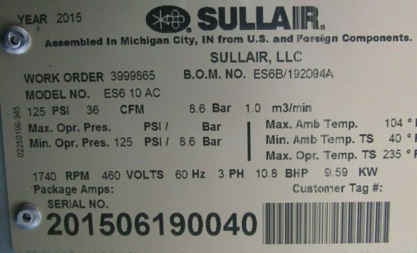 NEW SULLAIR ES-6 ROTARY SCREW AIR COMPRESSOR REPLACEMENT 10.8 BHP ES6-10-AC ES6 - Image 8