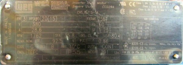 NEW WEG R02018ET3E256T-W22 MOTOR W22 20HP 1762RPM 380V CC029A 1-5/8" DIA. 256T - Image 5