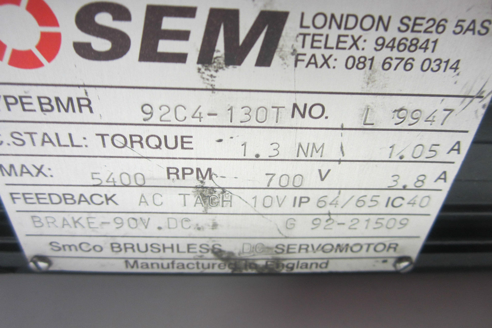 REPAIRED SEM 92C4-130T SERVO MOTOR 92C4130T - Image 3