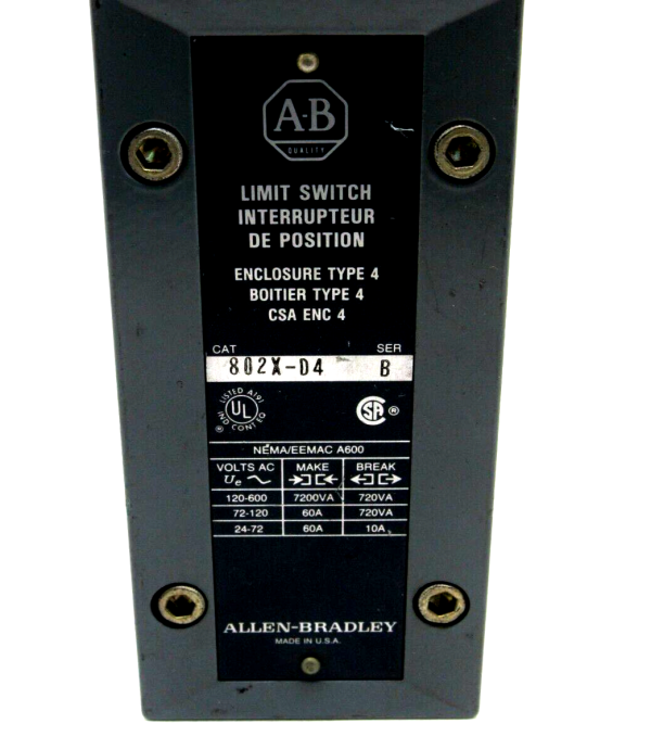 Xd802 NEW ALLEN BRADLEY 802X-D4 LIMIT SWITCH SERIES B 802XD4 - SB Industrial ...
