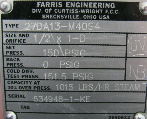 NEW FARRIS 27DA13-M40S4 PRESSURE RELIEF VALVE 150PSI 1/2x1-D 27DA13M40S4 - Image 4