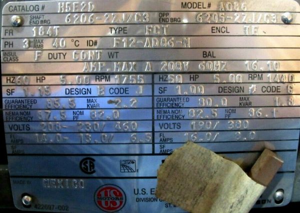 NEW EMERSON H5E2D MOTOR 5HP 1755/1440RPM 208-230/460V 184T 1-1/8" DIA. AD86 - Image 4