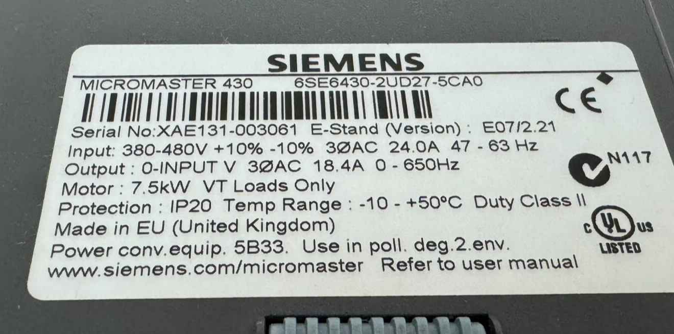NEW SIEMENS 6SE6430-2UD27-5CA0 MICROMASTER 430 10HP 380-480V - Image 6