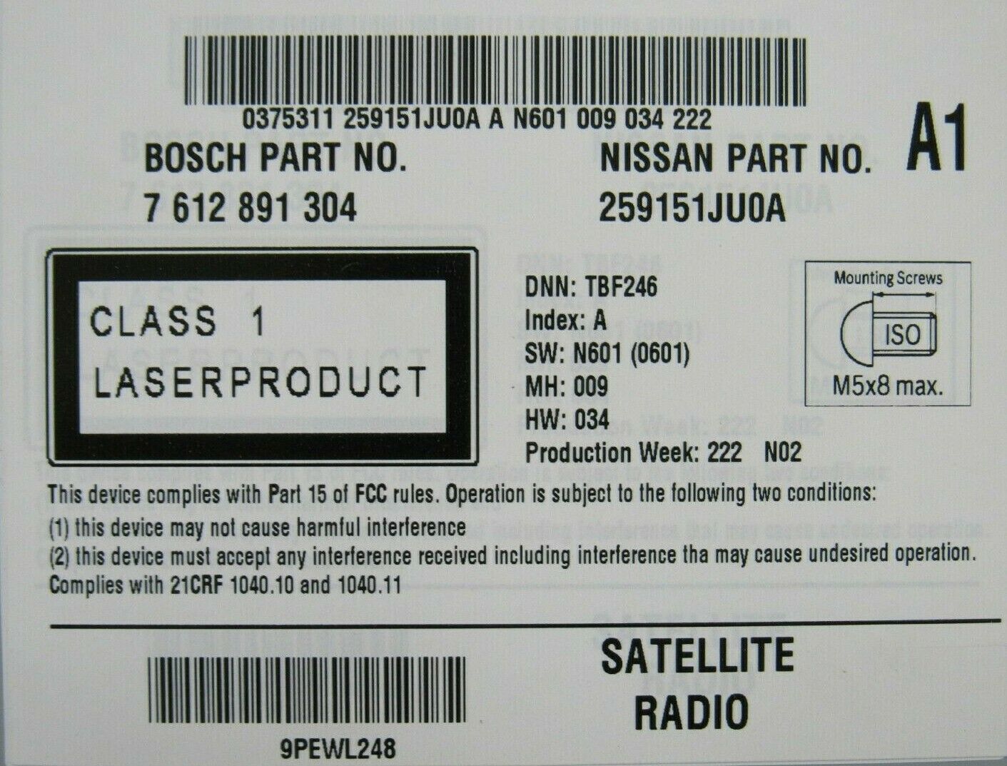 NEW NISSAN 25915-1JU0A NAVIGATION SATELLITE STEREO 7-612-891-304 259151JU0A - Image 5