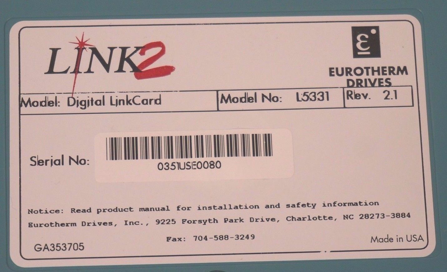 USED EUROTHERM DRIVES MODEL: L5331 DIGITAL LINKCARD REV. 2.1 - Image 4