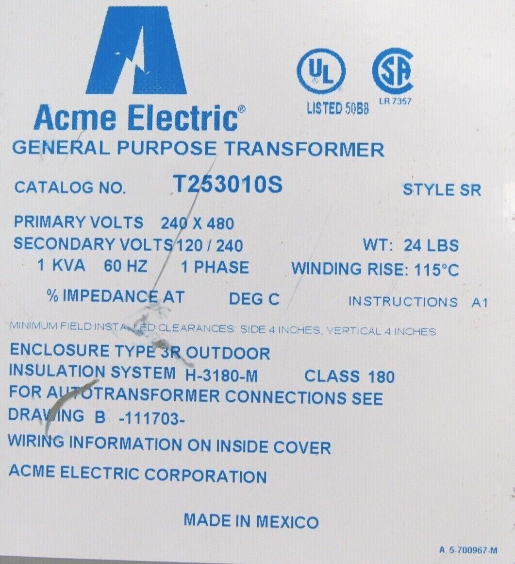 NEW ACME ELECTRIC T253010S TRANSFORMER - SB Industrial Supply, Inc.