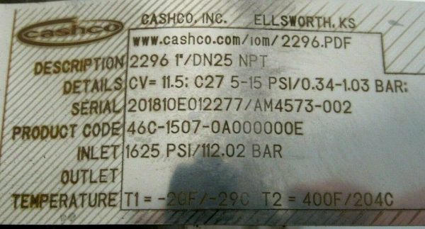 NEW CASHCO 2296 CONTROL VALVE 1" DN25 NPT 46C-1507-0A000000E - Image 4