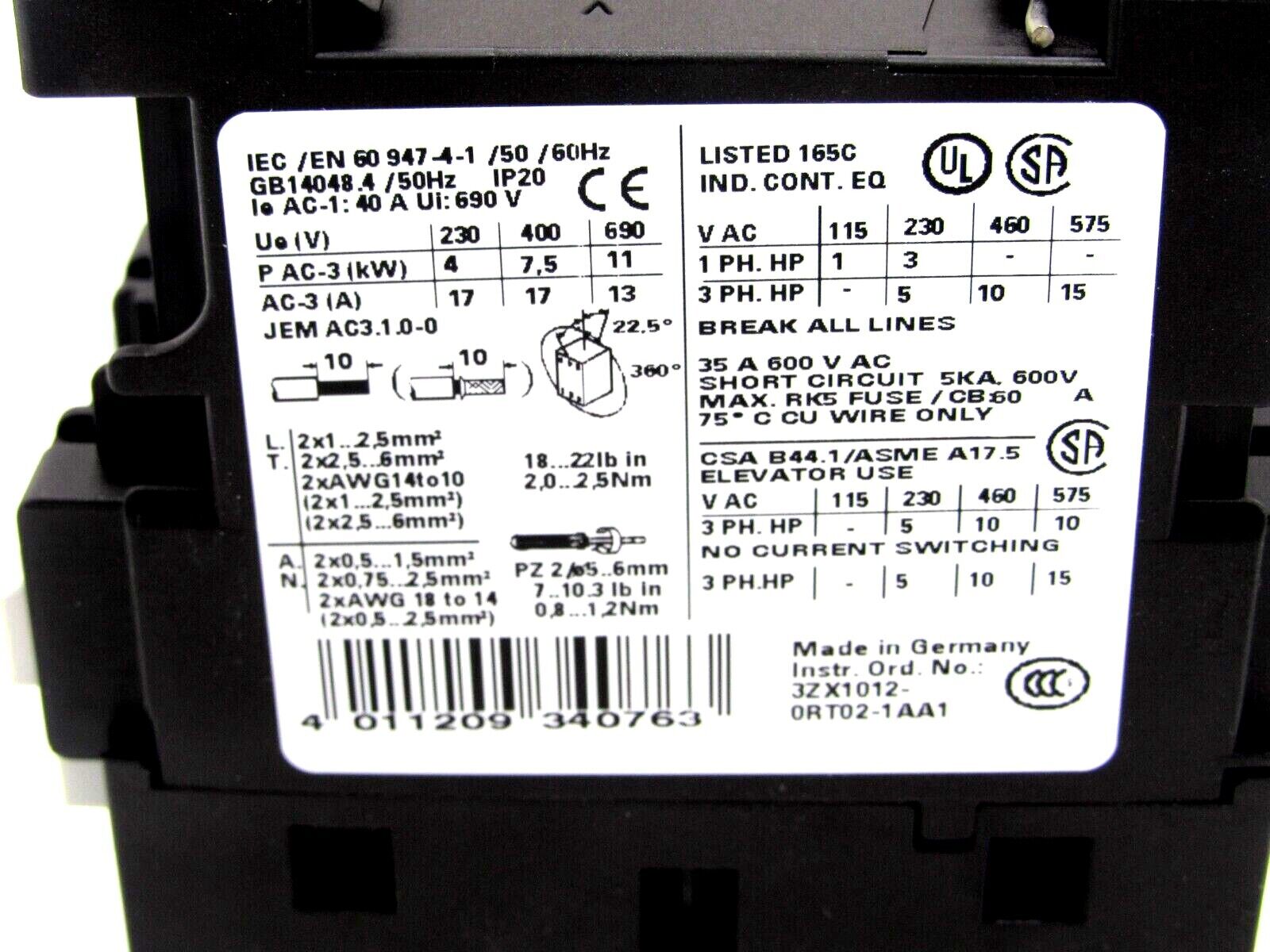 NEW SIEMENS 3RT1025-1AK60 POWER CONTACTOR 3RT10251AK60 - Image 3