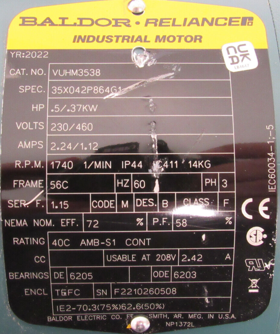 NEW BALDOR VUHM3538 MOTOR .5HP 230/460V 1740RPM - Image 5