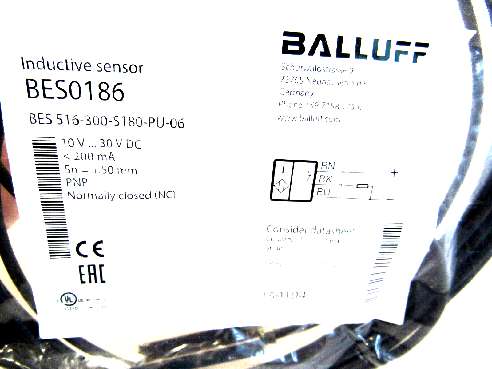 NEW BALLUFF BES0186 INDUCTIVE SENSOR BES 516-300-S180-PU-06 - SB ...