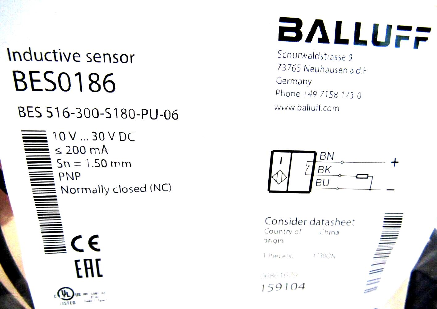 NEW BALLUFF BES0186 INDUCTIVE SENSOR BES 516-300-S180-PU-06 - Image 4