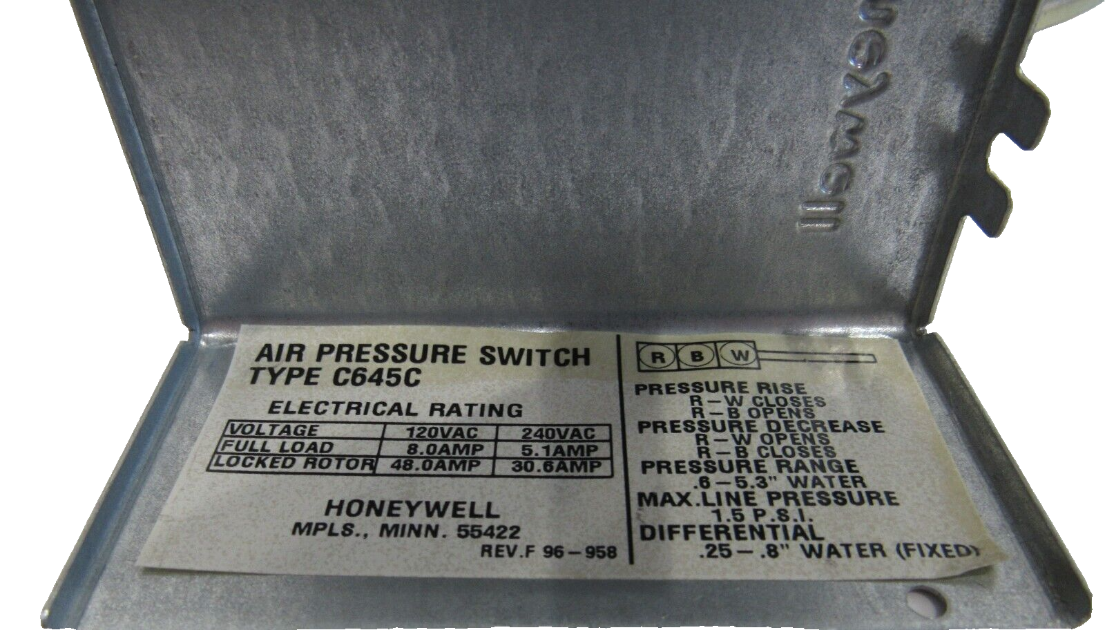 NEW HONEYWELL C645C 1020 AIR PRESSURE SWITCH C645C1020 - Image 5