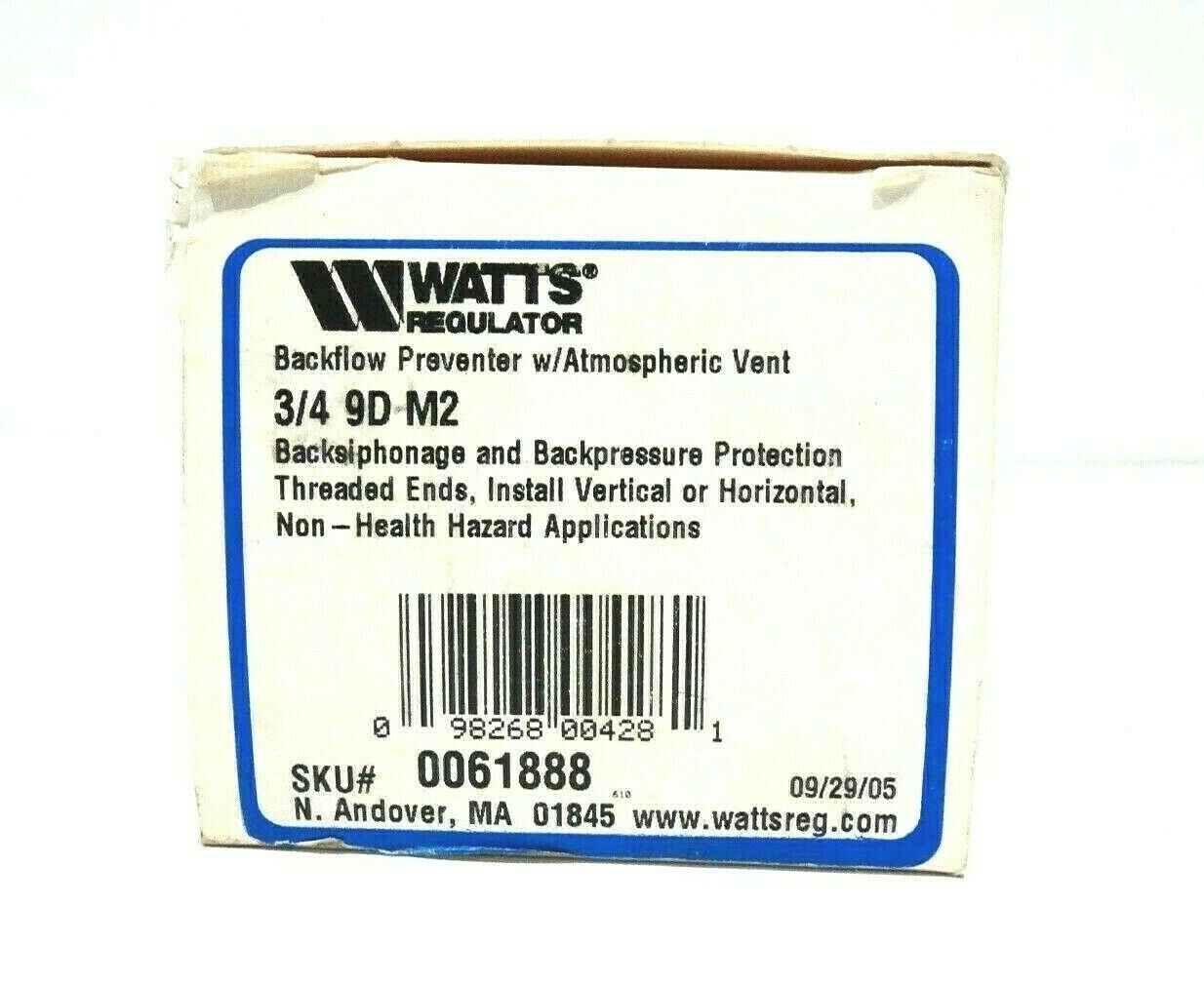 NEW WATTS 0061888 BACKFLOW PREVENTER 3/4 9D-M2 – SB Industrial Supply, Inc.