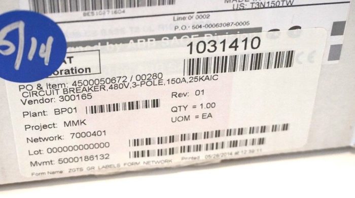 NEW ABB SACE TMAX T3 N 225 ROTARY CIRCUIT BREAKER 480V, 3 POLE, 150 AMP, T3N225 - Image 3
