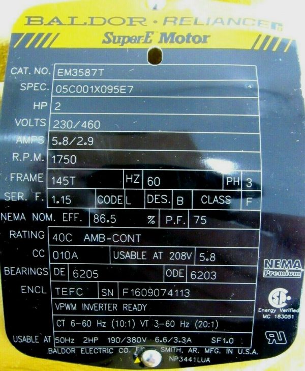NEW BALDOR EM3587T INDUSTRIAL MOTOR 2HP 230/460V 1750 RPM 145T 05C001X095E7 - Image 4