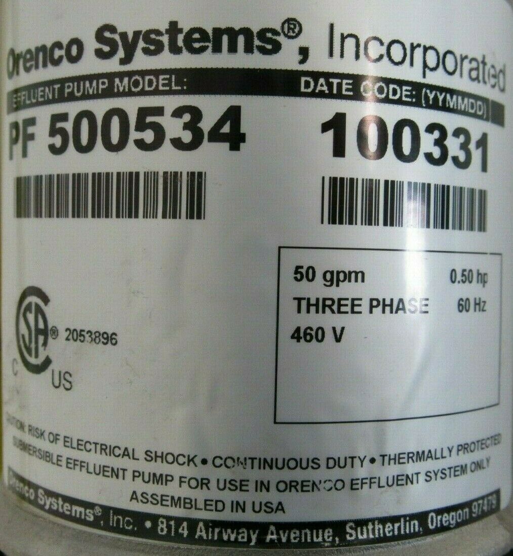 NEW ORENCO SYSTEMS PF500534 SUBMERSIBLE PUMP 50GPM 1/2HP 460V 2345219404 - Image 5