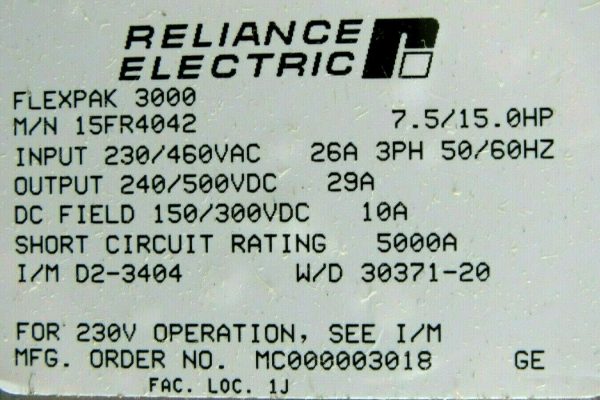 NEW RELIANCE ELECTRIC 15FR4042 FLEXPAK 3000 7.5/15.0HP 230/460V - Image 7