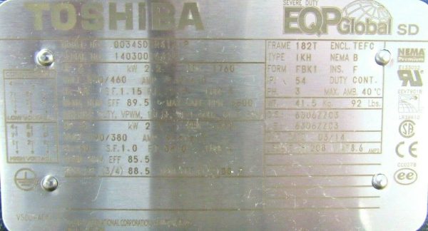 NEW TOSHIBA 0034SDSR41A-P MOTOR 3HP 4P 230/460V 3PH 1760 RPM 0034SDSR41AP - Image 4