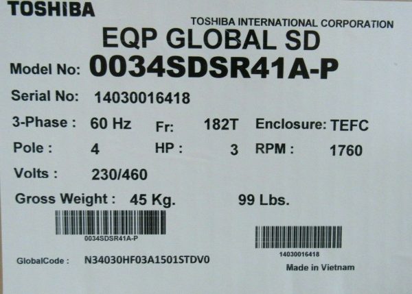NEW TOSHIBA 0034SDSR41A-P MOTOR 3HP 4P 230/460V 3PH 1760 RPM 0034SDSR41AP - Image 5