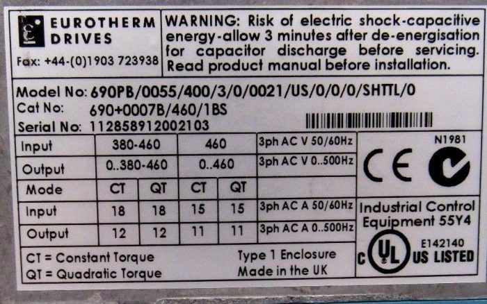 USED EUROTHERM DRIVES 690PB/0055/400/3/0/0021/US/0/0/0/SHTTL/0 DRIVE 690+ SERIES - Image 5