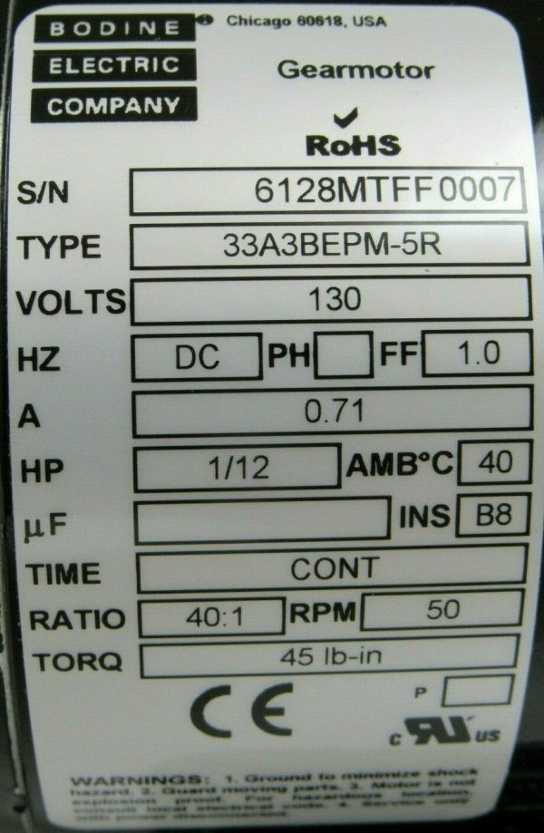 NEW BODINE ELECTRIC 33A3BEPM-5R GEAR MOTOR 33A3BEPM5R RATIO 40:1 6128MT - Image 5
