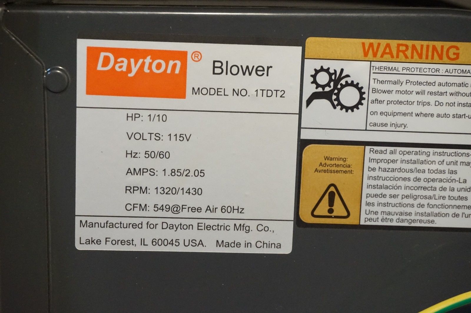 Details about   Dayton Model 1TDT2 Blower 549 CFM 1640 RPM 115V 60/50hz 