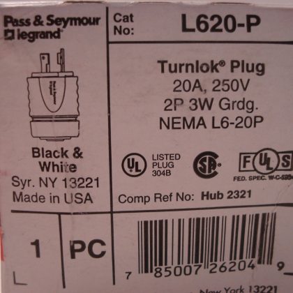 NEW PASS & SEYMOUR L620-P TURNLOK PLUG
