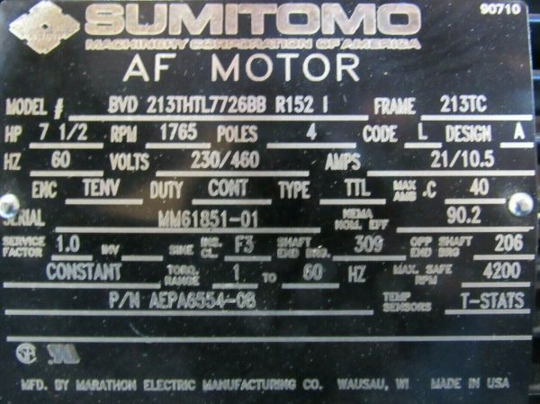 NEW SUMITOMO BVD-213THTL7726BB-R152-I MOTOR 7.5HP 1765 RPM 230/460V 213TC - Image 4