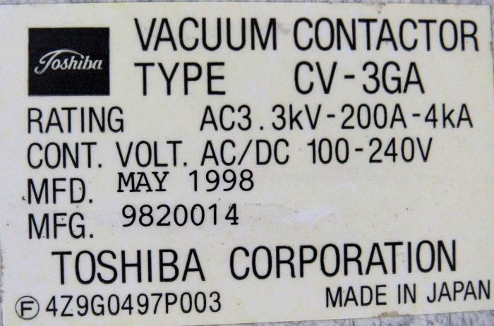 NEW TOSHIBA CV-3GA VACUUM CONTACTOR CV3GA 9820014 AC3.3KV-200A-4KA - Image 6