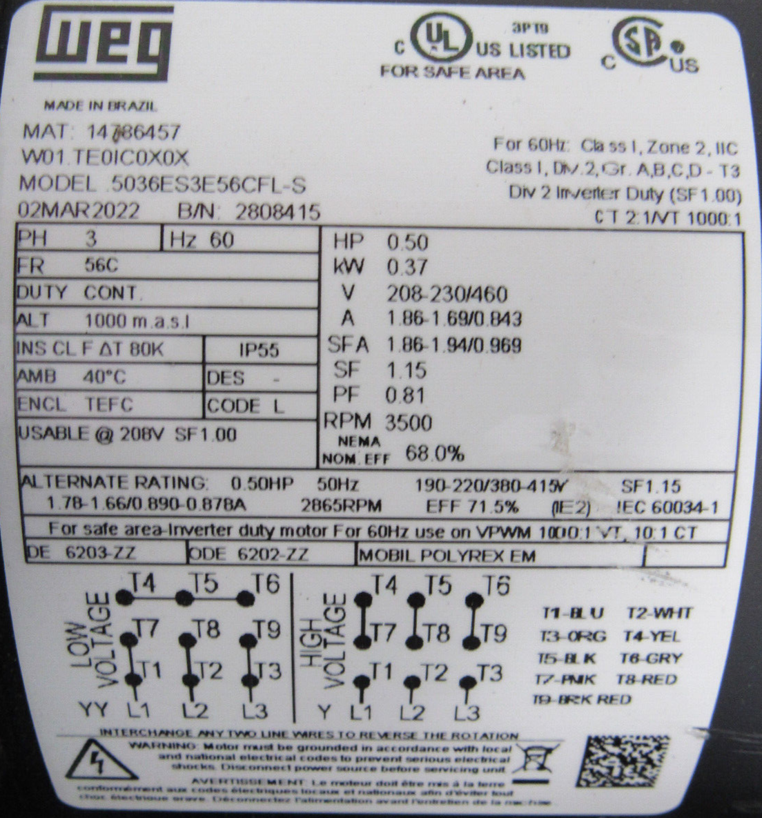 NEW AMERICAN FAN AF-8-R08125-4 BLOWER 1/2HP 208-230/460V 4"x4" AF8R081254 - Image 4