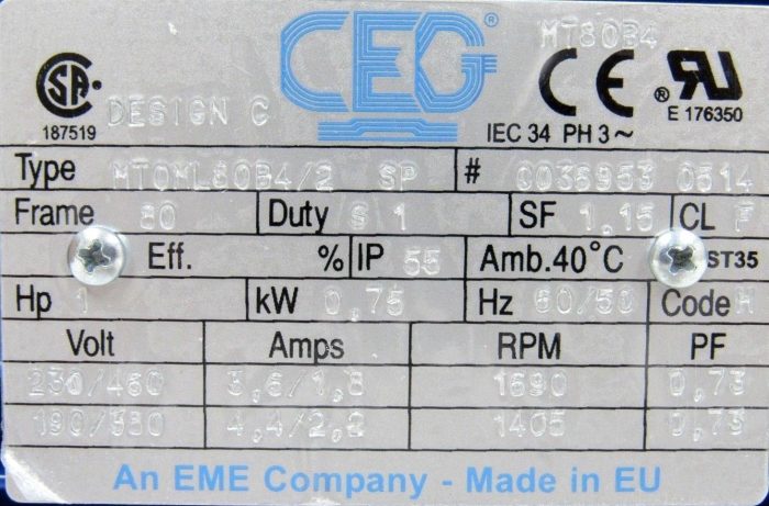NEW CEG MTOML80B4/2 MOTOR 140-0506 MTOML80B42 1690/1405 RPM 1 HP - Image 5