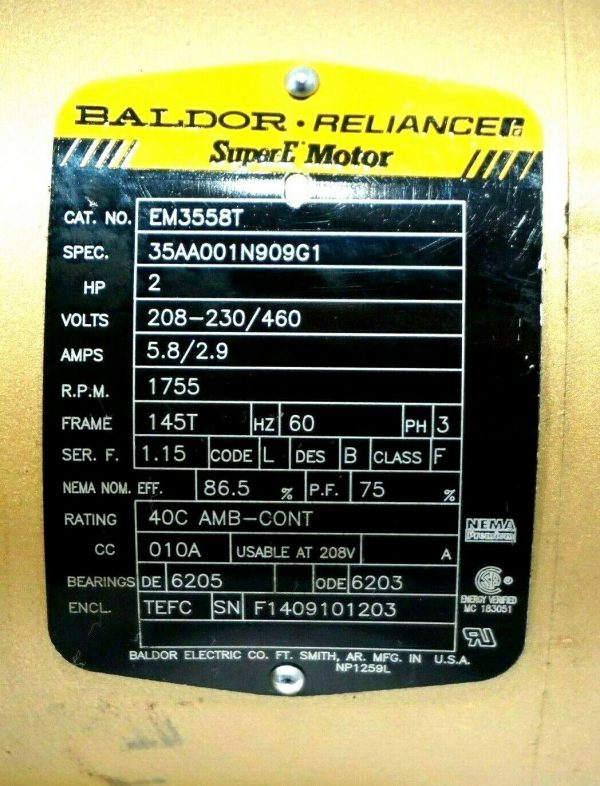USED BALDOR RELIANCE EM3558T MOTOR 2 HP 1755 RPM 35AA001N909G1 - Image 4