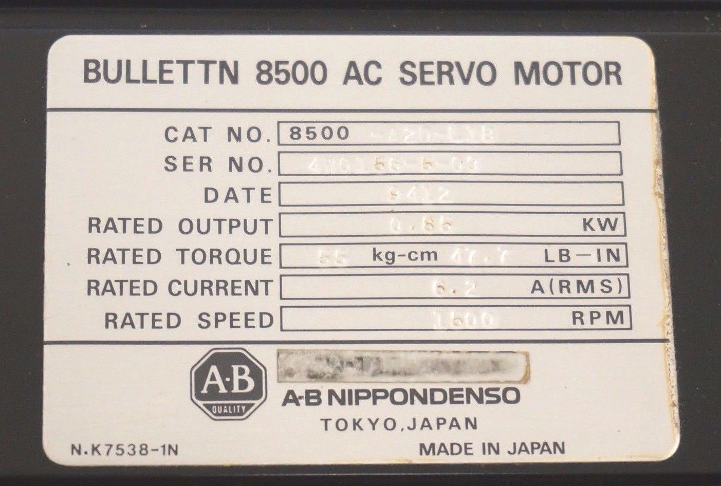 USED ALLEN BRADLEY 8500-A2D-L1B AC SERVO MOTOR 8500A2DL1B - Image 5