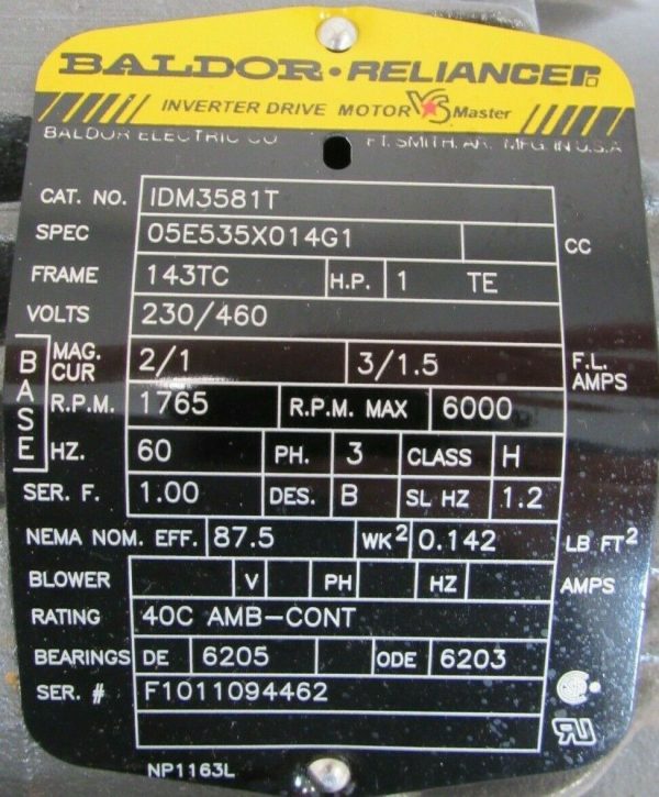 NEW BALDOR IDM3581T MOTOR 1HP 230/460V 1765RPM 7/8" DIA. 05E535X014G1 - Image 4