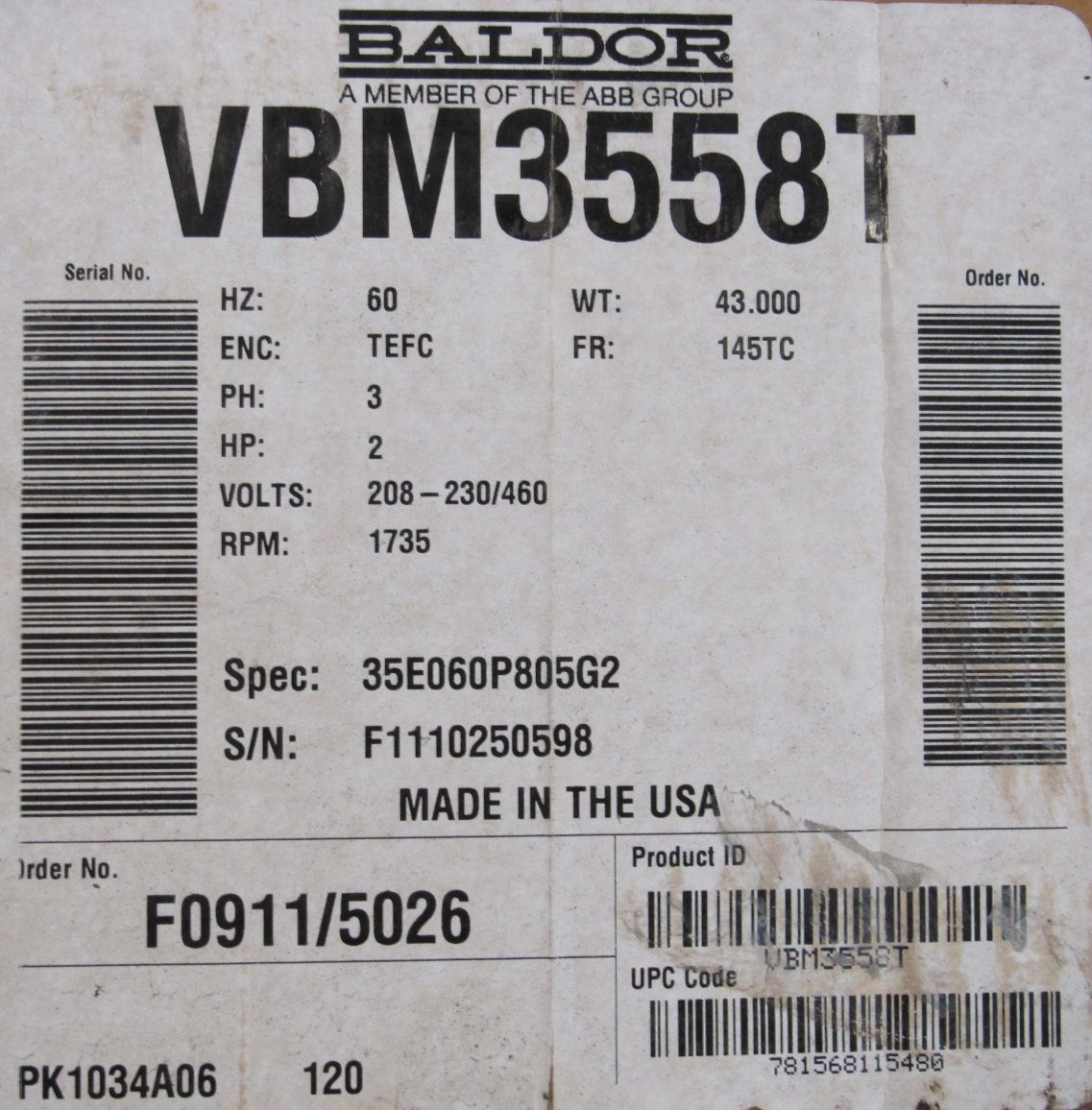 NEW BALDOR VBM3558T BRAKE MOTOR 2HP 208-230/460V 1735RPM 7/8" DIA. - Image 6