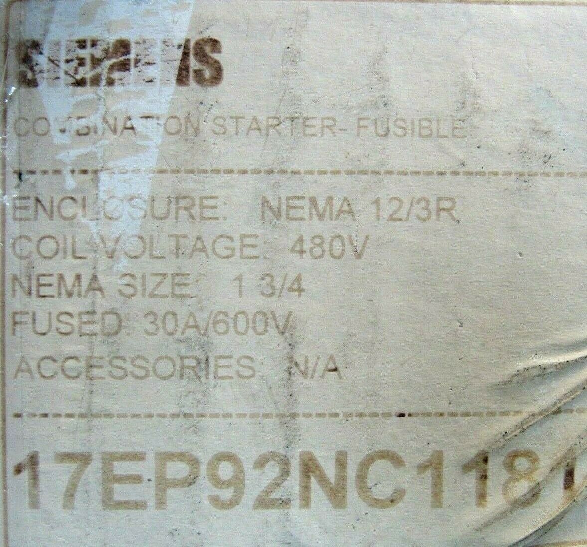 NEW SIEMENS 17EP92NC1181 COMBINATION STARTER SIZE 0-4 14EP32A*81