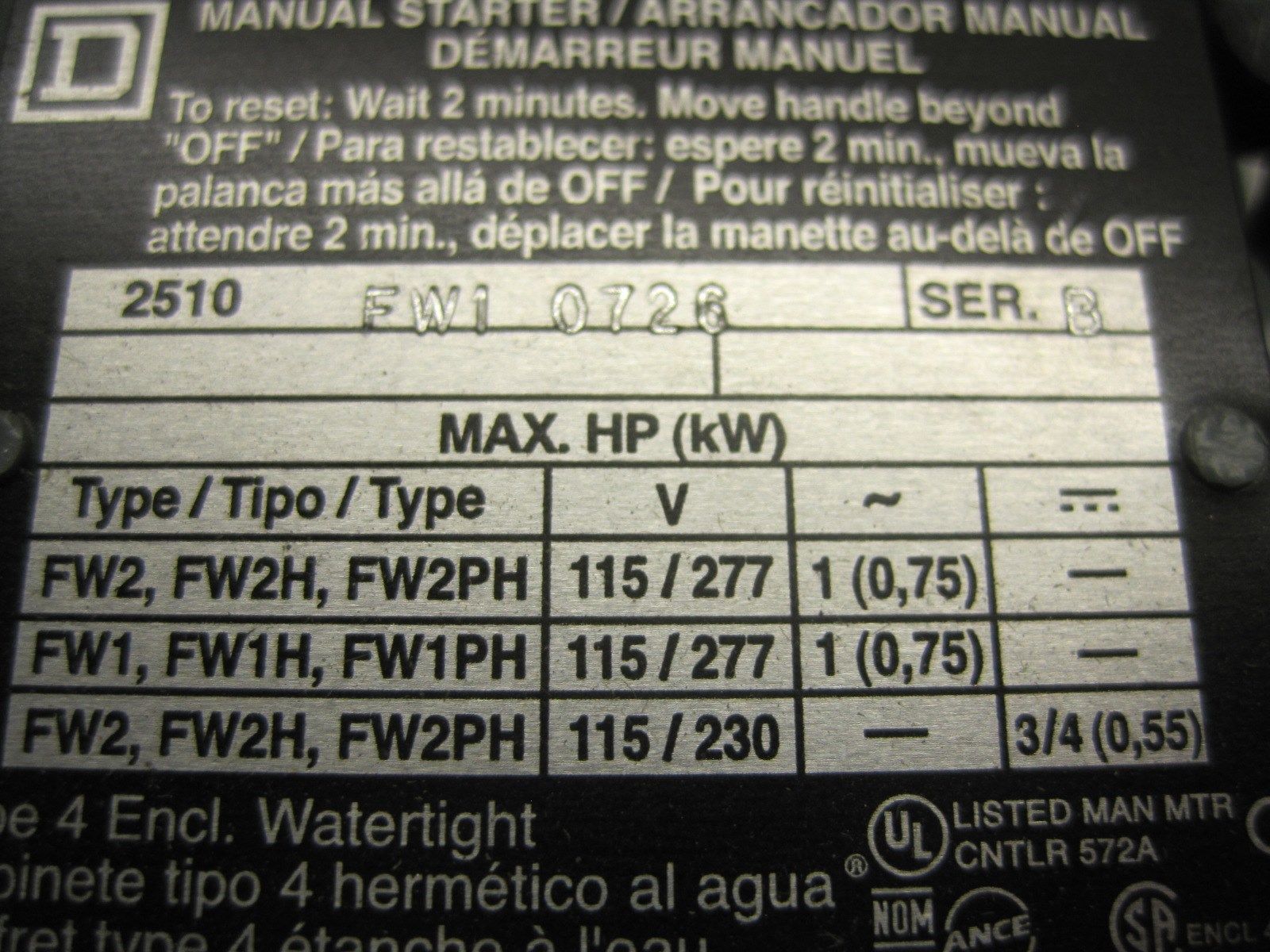 NEW SQUARE D 2510-FW1-0726 MANUAL STARTER 2510FW10726 - Image 3