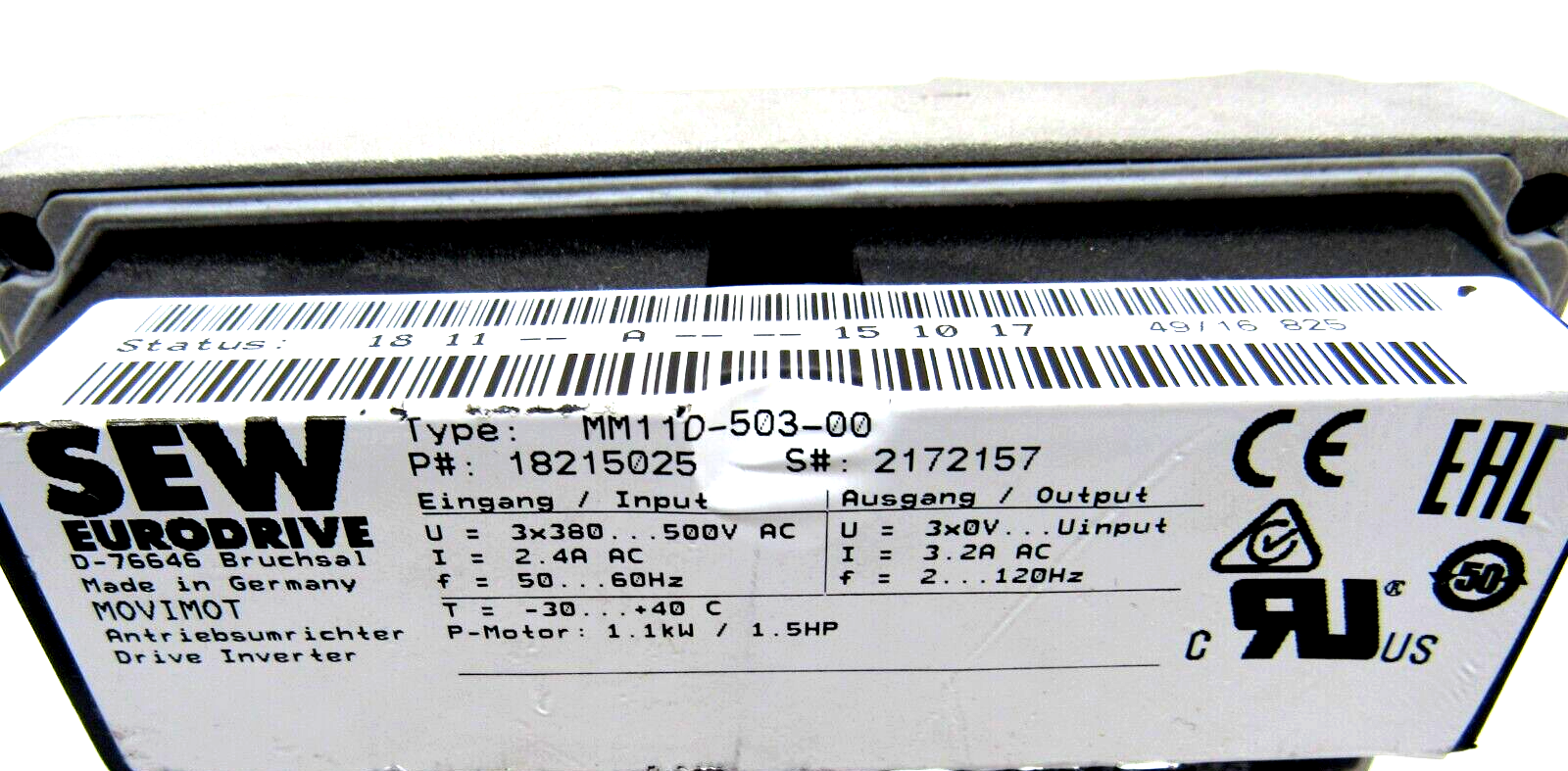 USED SEW EURODRIVE 18215025 DRIVE INVERTER MM11D-503-00 - Image 4