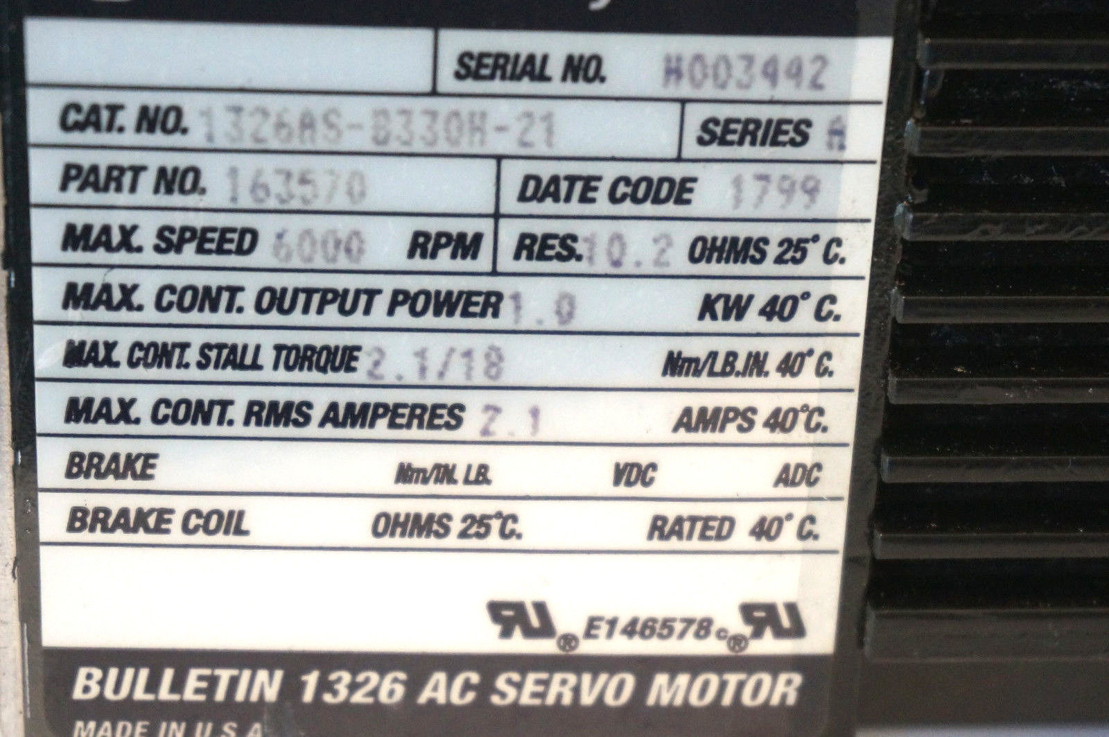 USED ALLEN BRADLEY 1326AS-B330H-21 SERVO MOTOR 163570 1326ASB330H21 - Image 4