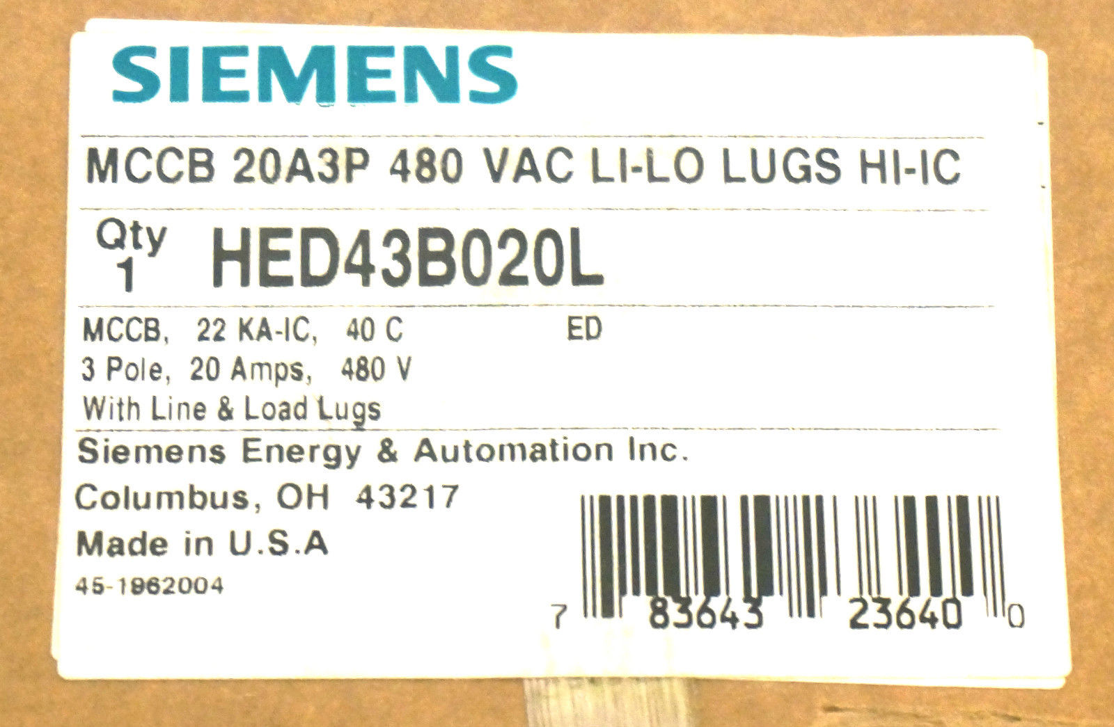 NEW SIEMENS HED43B020L CIRCUIT BREAKER - Image 4
