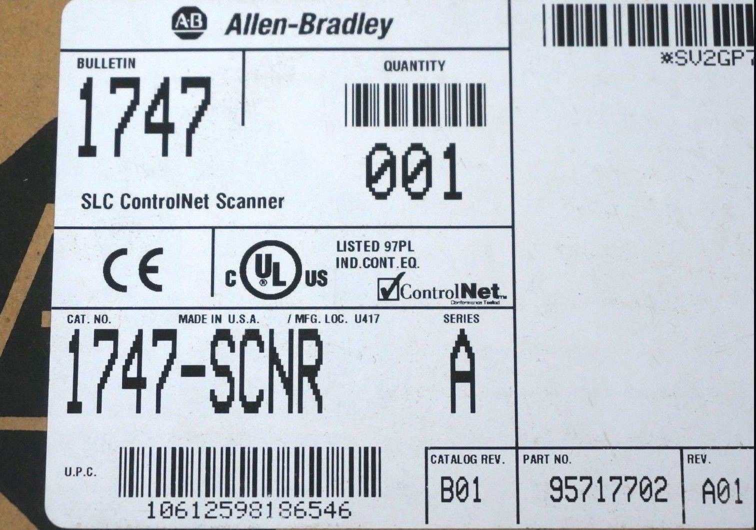 ALLEN BRADLEY 1747-SCNR CONTROLNET SCANNER SER. A, CAT. REV. B01, REV ...