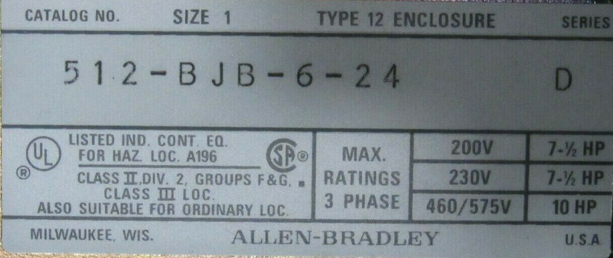 NEW ALLEN BRADLEY 512-BJB-6-24 MOTOR STARTER 115/120V TYPE 12 509-B0D 512BJB624 - Image 6