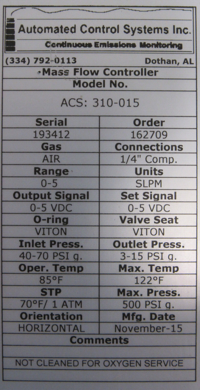 NEW AUTOMATED CONTROL SYSTEMS 310-015 MASS FLOW CONTROLLER 310015 - Image 5